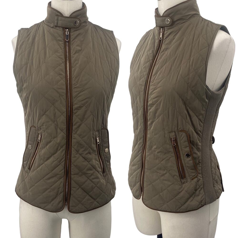 Zara Quilted Vest Adjustable Waist Ribbed Knit Panels Khaki Green Womens Small